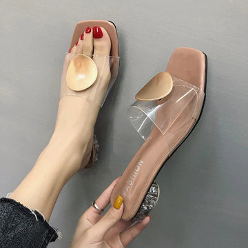 Niulatu Heels Elegant Slippers Women New Summer Shoes Woman Metal Buckle Transparent Square Low Heels Mules Shoes Female Strap DJSE